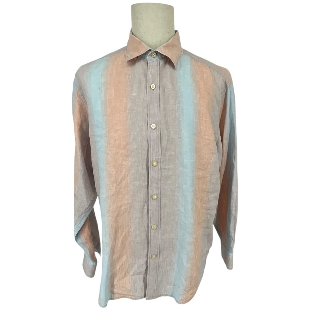 Tommy Bahama Men XL Linen Striped Button Up Shirt Peach Blue Casual Beach Luxury